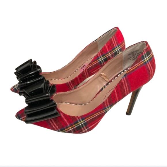 Betsey Johnson Heels Women’s Red Plaid / Patent Leather Bow Size 5.5 NWOT - Picture 4 of 6